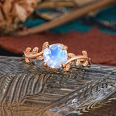 4 Prong Round Cut Moonstone Nature Inspired Leaf Engagement Ring